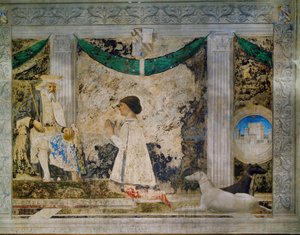 Sigismondo Pandolfo Malatesta, vládce Rimini, klečící před svým patronem, svatým Zikmundem, svatým králem Burgundska (freska) od Piero della Francesca