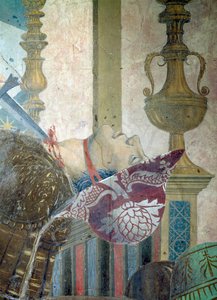 Legenda o pravém kříži, bitva u Heraclia a Chosroes, detail muže s podříznutým hrdlem, dokončená freska z roku 1464 od Piero della Francesca