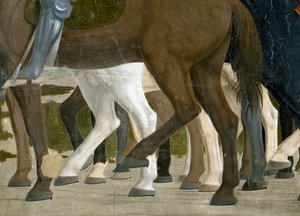 Legenda o pravém kříži, Konstantinovo vítězství v bitvě u Milvijského mostu, detail koňských nohou, dokončená freska z roku 1464 od Piero della Francesca