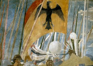 Legenda o pravém kříži, Konstantinovo vítězství v bitvě u Milvijského mostu, detail praporu, dokončená freska z roku 1464 od Piero della Francesca