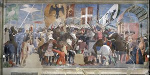 Vítězství Herakleia a poprava Chosroes, 628 našeho letopočtu, z cyklu True Cross, dokončeného roku 1464 od Piero della Francesca