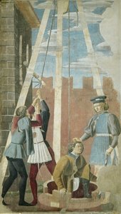 Mučení Žida: Jidáš byl vytažen ze studny, z Pravého křížového cyklu, dokončen 1464 (freska) od Piero della Francesca