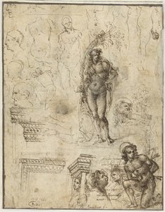 Studijní list s hlavami, postavami a architektonickými fragmenty Studijní list s hlavami, postavami a architektonickými fragmenty od Piero di Cosimo (attributed to)