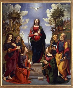 Neposkvrněné početí obklopené svatými, kolem 1500-05 (tempera grassa na dřevě) od Piero di Cosimo