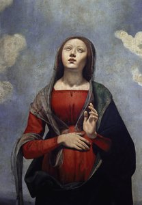 Panna Maria s holubicí Ducha svatého nad ní, obklopená šesti světci. detail (olej na plátně, cca 1505)