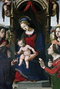 Panna a dítě na trůnu obklopené svatými, detail (olej a tempera na panelu, cca 1493) od Piero di Cosimo
