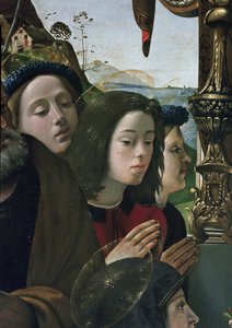 Panna a dítě na trůnu obklopené svatými, detail (olej a tempera na panelu, cca 1493) od Piero di Cosimo