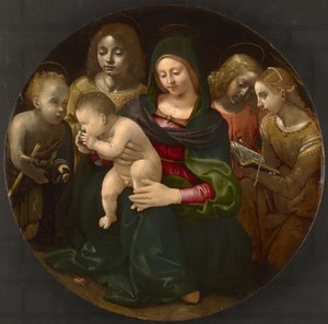 Panna a dítě s mladým svatým Janem Křtitelem, svatou Cecílií a anděly, kolem roku 1505 od Piero di Cosimo
