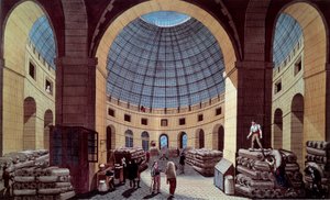 Pohled na Halle au ble, který se nachází na současném Hotel de Soissons (obchodní burza) v Paříži. Rytina od Guigueta podle Pierra Courvoisiera (1756-1804) 18. století. Paříž, B.N.