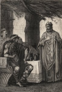 Svatý Řehoř z Tours (538-594) (Řehoř z Tours) proti Chilperikovi I. (539-584), franskému králi z dynastie Merovejců - rytina Pierra Fritela (1853-1942) od Pierre (after) Fritel