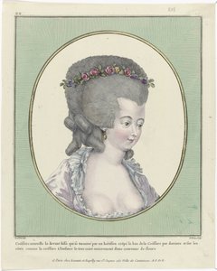Účesy, pufy, klobouky a čepice: Jedenáct účesů a čelenek Galerie francouzské módy a kostýmů, 1781, oo 218: New Coëffure the front (...)