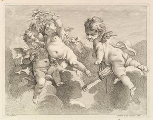 Tři lásky, jedna drží toulec, druhá, hrozny, 1727-60. od Pierre Alexandre Aveline