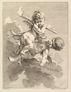 Dva Amorové, jeden nesoucí pochodeň, druhý luk, 1727-60.