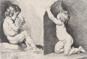 Dvě nahé děti, které jedí hrozny, z New Book of Children, 1720-60.