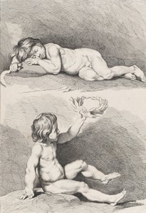 Dvě nahé děti, jedno spí a druhé drží věnec, z New Book of Childr..., 1720-60.