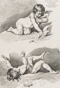 Dvě nahé děti hrající si s listem, z Nové knihy dětí, 1720-60.