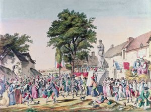 Vesnické slavnosti na počest stáří v době francouzské revoluce, 1795 (barevná rytina)