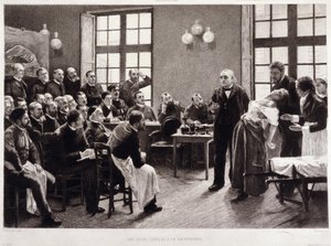 Klinická přednáška Dr. Charcota v Salpetriere v roce 1887. Studenti z katedry profesora Jeana Martina Charcota, který vysvětluje případ Blanche Wittmanové, jeho pacientky a pokusného králíka, dávají přednost jejímu výzkumu hysterie. Byl asistentem Jo od Pierre Andre (after) Brouillet