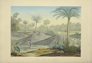 Air Volcanoes of Turbaco, vyryto Bouquetem, ilustrace z „Pohledy na Kordillery a památky domorodých národů Ameriky“ od Alexandra von Humboldta a Aime Bonpland od Pierre Antoine (after) Marchais
