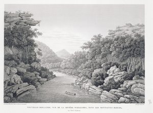 New Holland: Pohled na řeku Warragamba v Modrých horách, z „Voyage Autour du Monde (1817-20)“, Louis Claude De Saulces de Freycinet (1779-1842), vyryto Schroederem, publikováno 1822-24 (li