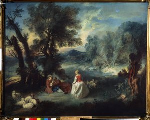 ""Pastorační scéna"" Scéna svádění mezi pastýři. Obraz Pierra Antoine Quillarda (1701-1733) kolem roku 1730 Puškinovo muzeum, Moskva
