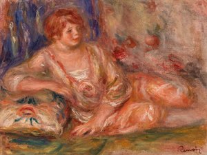 Andrée v růžové, ležící od Pierre Auguste Renoir