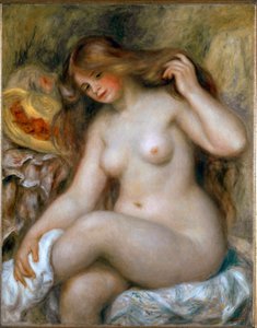 Blonďatá koupačka. Nahá žena s velmi dlouhými vlasy. Obraz Pierre Auguste Renoir (Pierre-Auguste