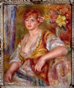 Blondýnka má růži. Portrét Andree Madeleine Heuschlingové (1900-1979) přezdívané „Dedee“, komičky známé jako Catherine Hessling (v roce 1920 se provdala za Jeana Renoira). Obraz Pierra Auguste Renoira (1841-1919), kolem roku 1915. Olej na plátně. Francouzs od Pierre Auguste Renoir