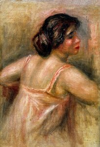 Tříčtvrteční žena. Je oblečena do růžové kombinézy a má vlasy sepnuté do drdolu. Obraz od Pierra Augusta Renoira (1841-1919). Olej na plátně. Soukromá sbírka
