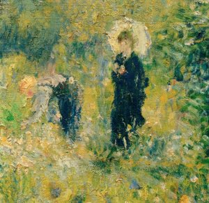 Frau mit Sonnenschirm in einem Garten