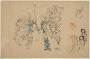 Krajina a postavy (tužka, inkoust, wc a pastelka na papíře) od Pierre Auguste Renoir