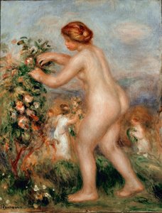 Óda na květiny. Nahá žena ceuillating růže má růžový strom. Obraz Pierre Auguste Renoir (Pierre-Auguste