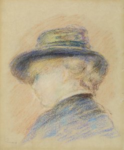 Profil mladé ženy v modrém klobouku (pastel na papíře)