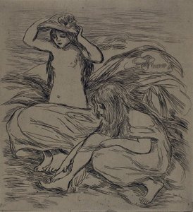 Dvě koupající se ženy, asi 1895 (lept na hnědém papíře) od Pierre Auguste Renoir
