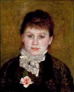 Žena má bílý límeček. Portrét ženy s růží od Pierre Auguste Renoir