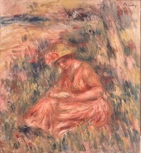 Žena sedí na trávě od Pierre Auguste Renoir