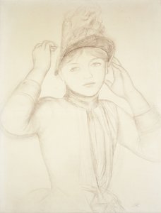 Mladá žena uspořádání její klobouk; Mladá dívka si upravuje klobouk, kolem roku 1885 od Pierre Auguste Renoir