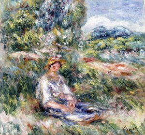Mladá žena sedící na louce, od Pierre Auguste Renoir