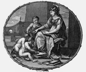 Ženská alegorie rozumu a tvořivosti obklopená dětmi,1695-1697 (rytina) od Pierre Bayle