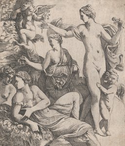Venuši, stojící se třemi Gráciemi, je nabídnuta květina z putta, 1607-61. od Pierre Biard