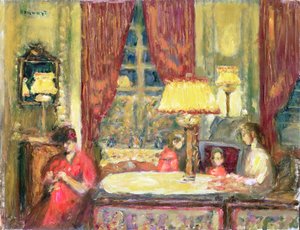 Lampami osvětlený interiér s figurkami (olej na plátně) od Pierre Bonnard