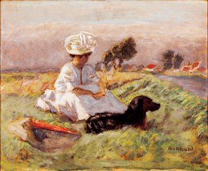 Madame Bonnard Malířova žena sedí ve střetu se svým psem. Obraz Pierre Bonnard od Pierre Bonnard