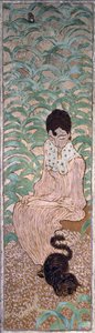 Sedící žena s kočkou, jeden ze čtyř panelů Ženy v zahradě, 1891 (olej na papíře na plátně) od Pierre Bonnard