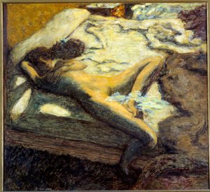 Indolentní nahá mladá žena ležící na posteli. Obraz Pierra Bonnarda (1867-1947) 1899 Ne. 0,96x1,06 m Paříž, musee d