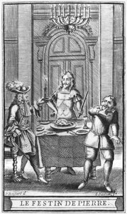 Don Juan a Commendatore, přední ilustrace z „Don Juan, nebo Le Festin de Pierre“ od Moliere, vyryto Jean Sauve (fl.1660-91), vydání 1682
