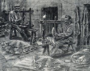 Řemeslníci pletí ovčí kůže Rytina z „Excursion a travers les metiers“ od Pierre Calmette Private Collection