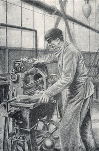 Řezání pažb v továrně na zbraně Gravírování ze soukromé sbírky Pierre Calmette