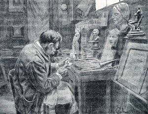 Dělník ze slonoviny vyřezává slonovinu dláty, škrabkami a dlabami Rytina z „Excursion a travers les metiers“ od Pierre Calmette Private Collection