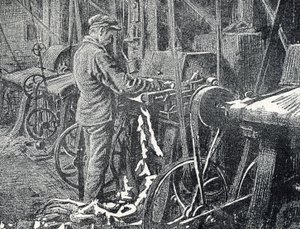 Kožedělný průmysl: mechanické sekání kožešin Rytina z „Excursion a travers les metiers“ od Pierre Calmette Private Collection