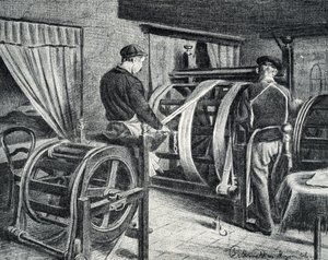 Práce na hedvábí: rozvinutí rytiny na hedvábí z „Excursion a travers les metiers“ od Pierre Calmette Private Collection